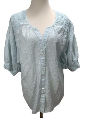 Sundance Peasant Top Size L Blue Cotton Boho Gathered Smocked Tunic Long